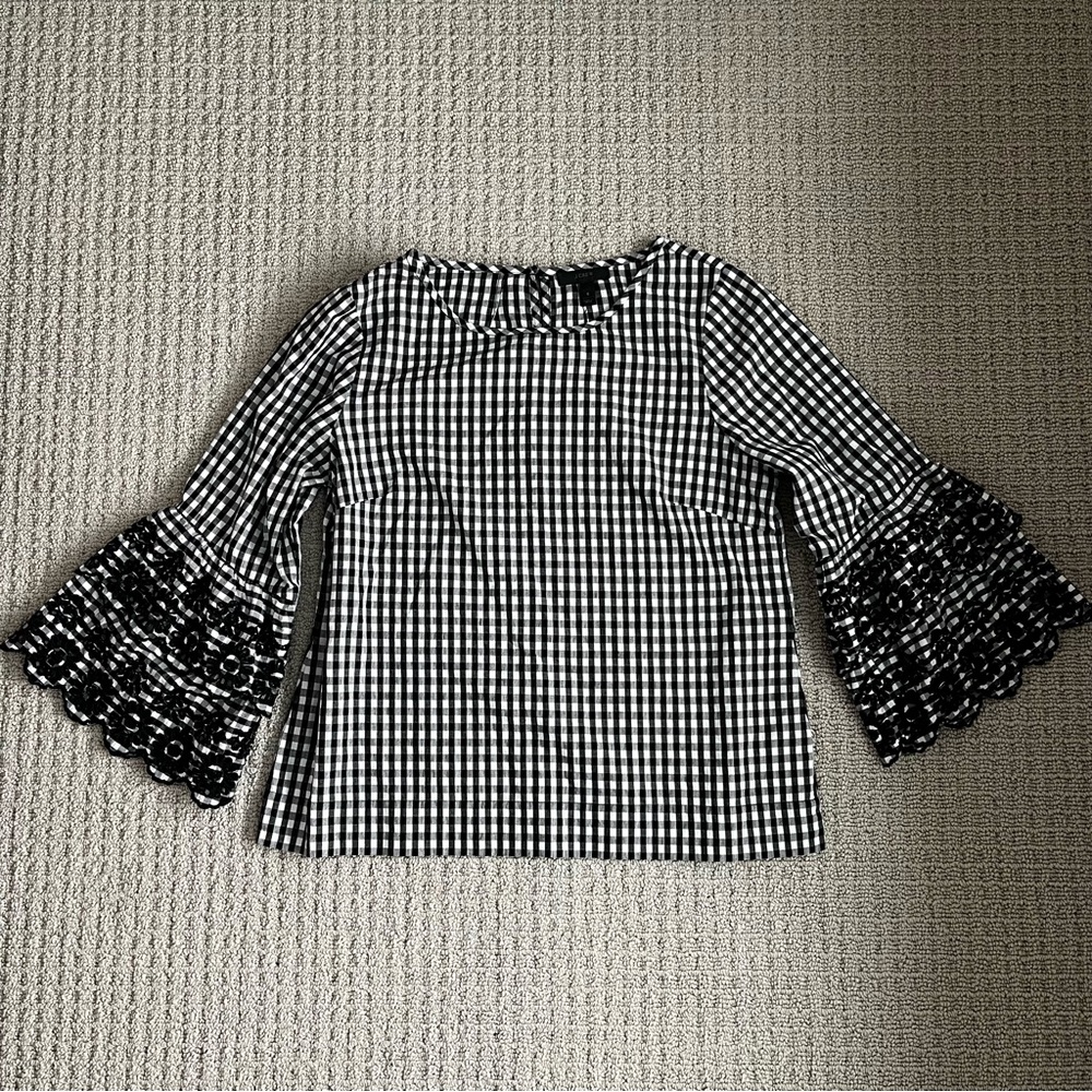 JCrew Black and White Gingham Bell Sleeve Top